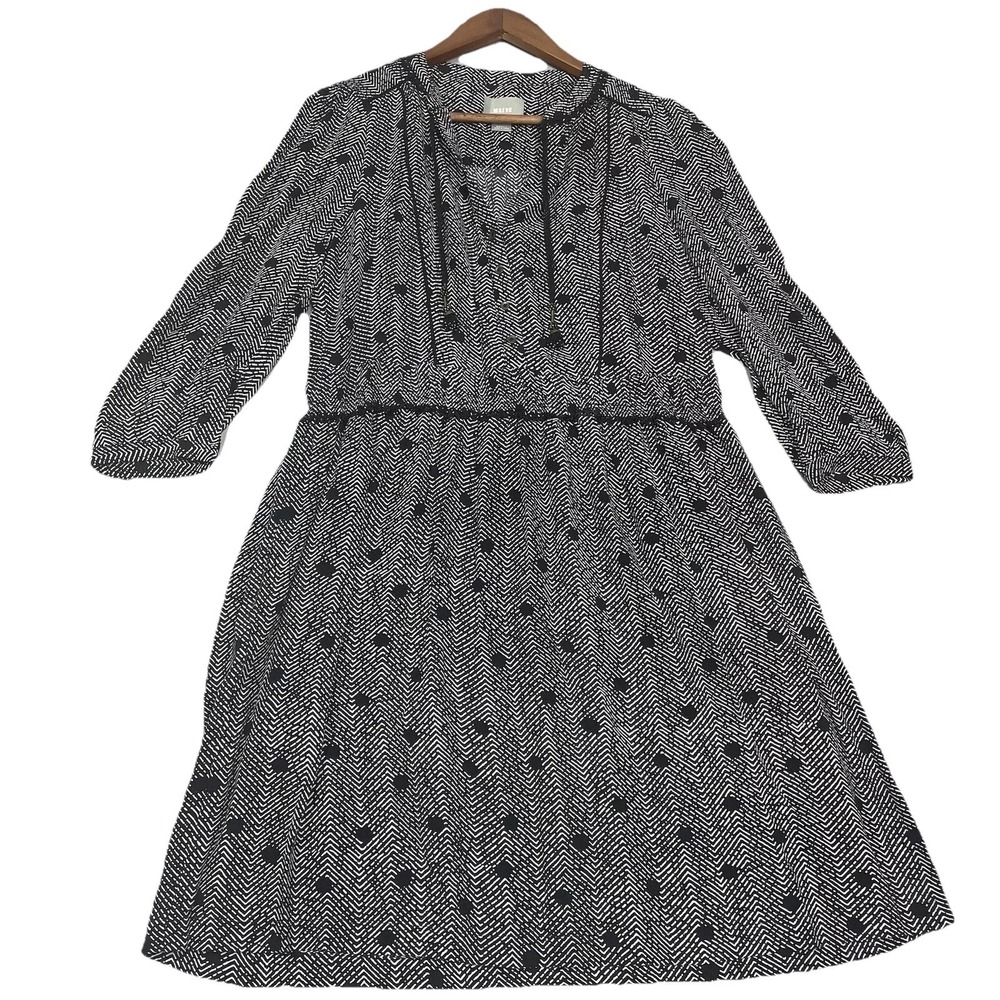 Anthropologie MAEVE Herringbone Dot Print GALEN DRESS Black Chevron Tie-Neck S